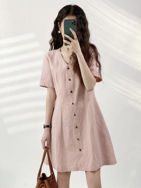 YX【现货7天】法式通勤气质亚麻连衣裙女2023夏季新款设计感单排扣短袖a字裙