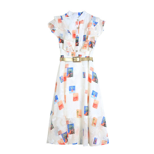 百搭减龄，显瘦中长裙法式飞飞袖印花连衣裙AHM-hxyr8105 商品图4