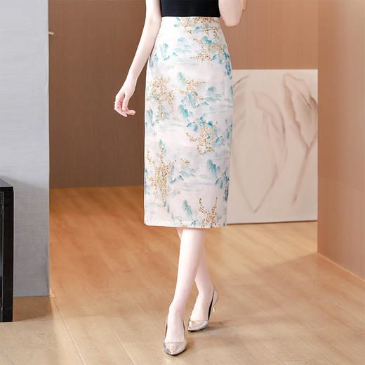 青山绿水复古国风印花，缎面半身裙A型包臀裙AHM-yme7070 商品图2