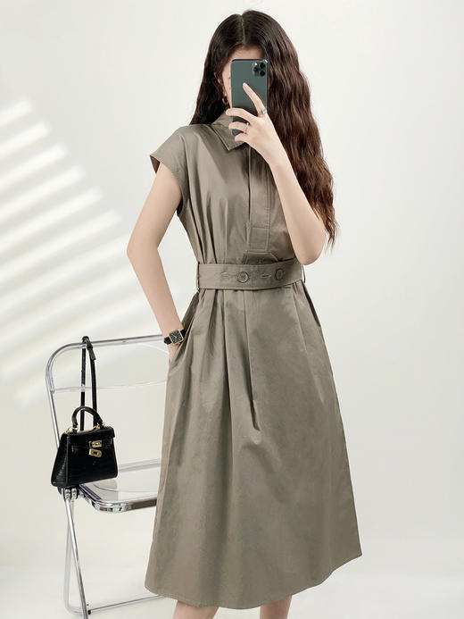 YX【现货7天】简约通勤气质衬衫连衣裙女2023夏季新款韩版设计感系带收腰中长裙 商品图3