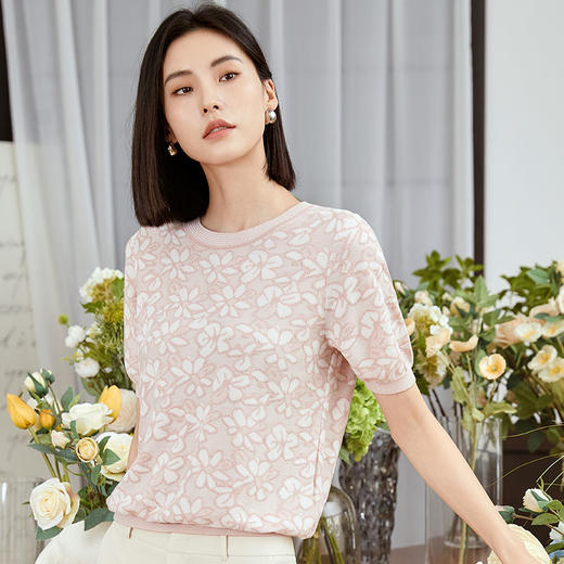 玳莎圆领短袖套头针织衫女2023年早秋新款小众镂空提花设计感T恤  DC33102 商品图1