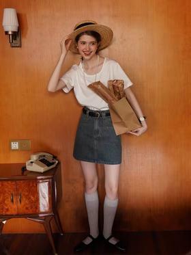 浮生八记/23B143/棉水洗原牛短款牛仔半裙