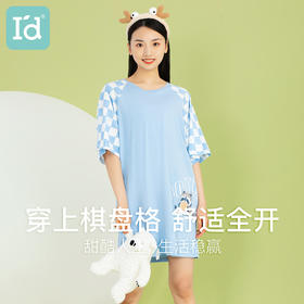 I'd爱帝女士减龄卡通棋盘格撞色睡裙夏季薄款