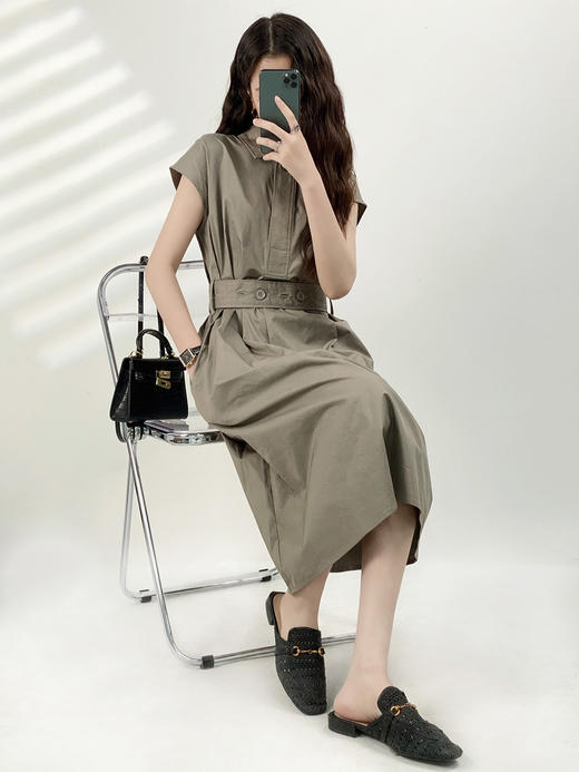 YX【现货7天】简约通勤气质衬衫连衣裙女2023夏季新款韩版设计感系带收腰中长裙 商品图4