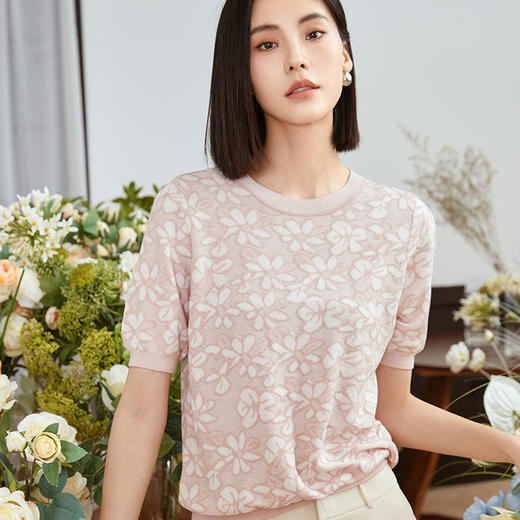 玳莎圆领短袖套头针织衫女2023年早秋新款小众镂空提花设计感T恤  DC33102 商品图2