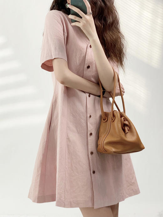 YX【现货7天】法式通勤气质亚麻连衣裙女2023夏季新款设计感单排扣短袖a字裙 商品图3