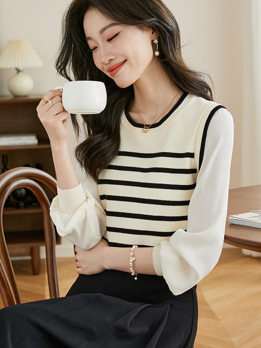 【专属特价】熙世界假两件法式针织衫女2025早秋新款长袖复古条纹套头毛衣上衣 商品图0