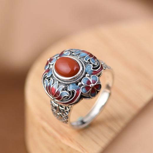 【江霞绮】S925银复古景泰蓝莲花镶南红开口戒指【SCH-TRS23027】 商品图2