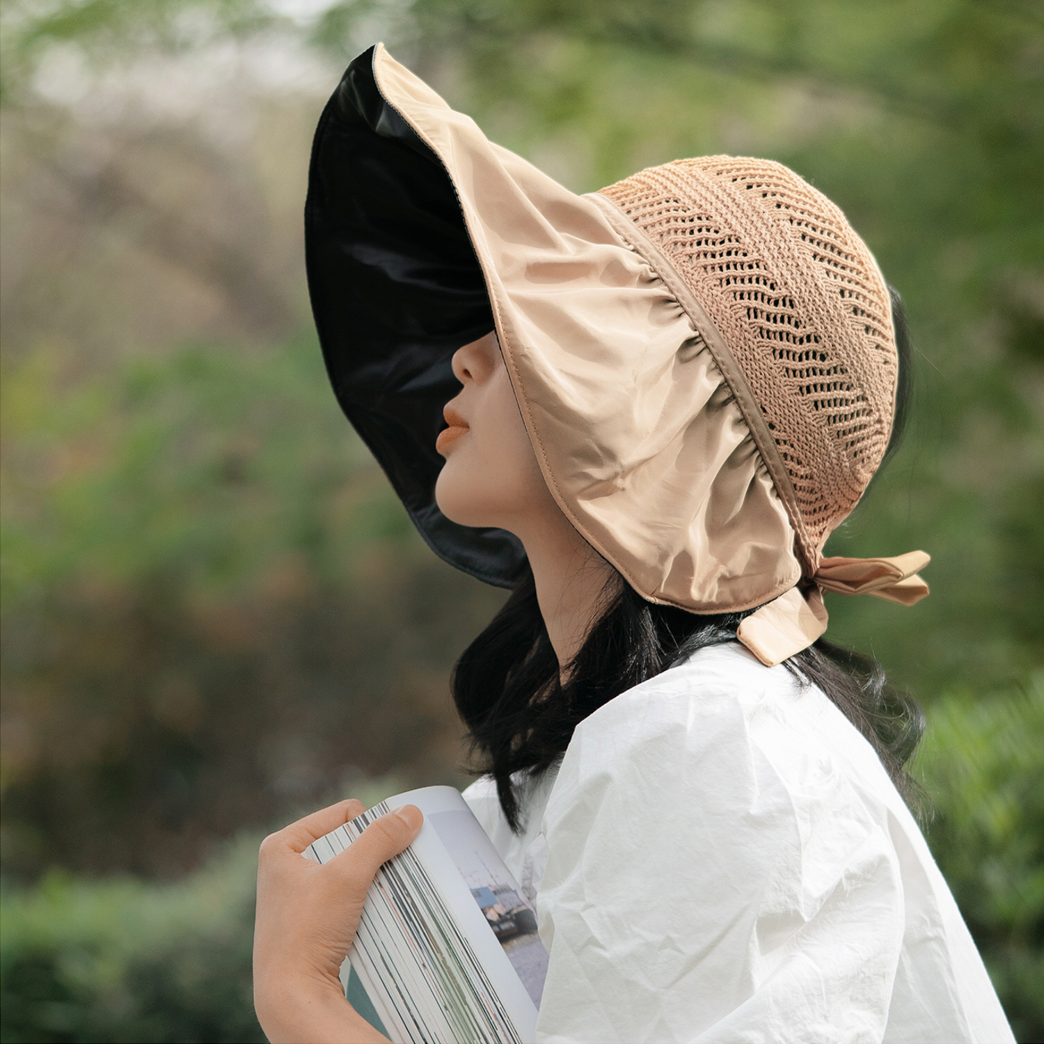 瑞贝斯镂空防晒渔夫帽，可扎马尾草编遮阳帽，后空顶大帽檐遮脸防晒帽