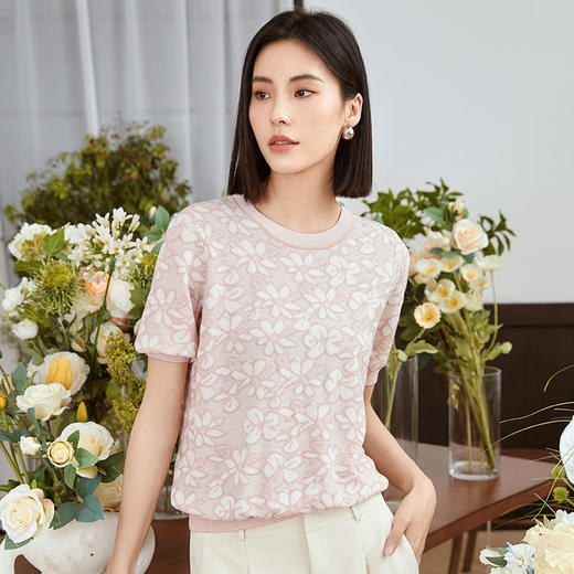 玳莎圆领短袖套头针织衫女2023年早秋新款小众镂空提花设计感T恤  DC33102 商品图0