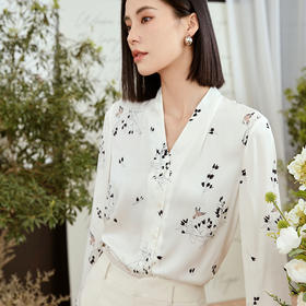 玳莎印花V领长袖真丝衬衫女士秋季款优雅气质桑蚕丝上衣  DC31301