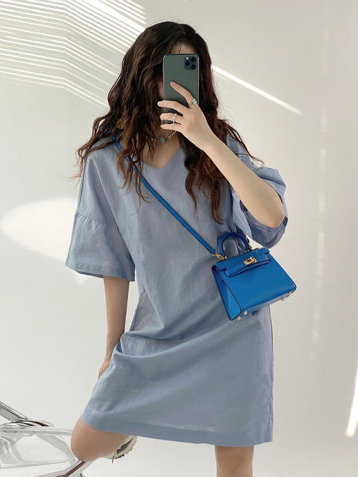 YX【现货7天】荷叶袖连衣裙2023年新款女夏季显瘦气质名媛宽松直筒裙中长款裙子 商品图3