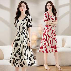 夏季新款，拼色优雅方领连衣裙HR-ZYIF2523-1