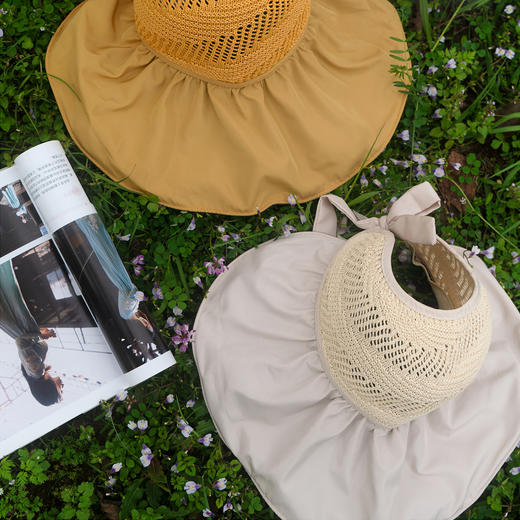 瑞贝斯镂空防晒渔夫帽，可扎马尾草编遮阳帽，后空顶大帽檐遮脸防晒帽 商品图2