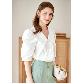 欧芮儿宽松白色衬衫女2022新款春装五分泡泡袖衬衣设计感小众上衣