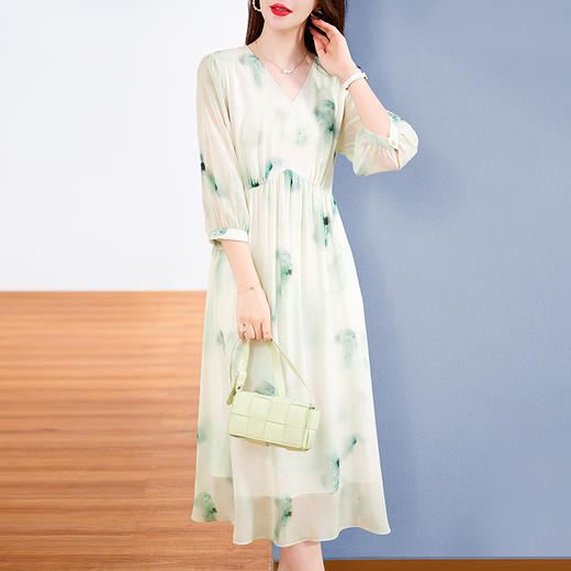 宽松法式仙女薄款，桑蚕丝水墨印花中长裙SM-82395162 商品图3