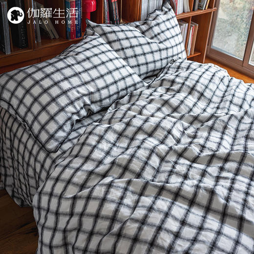 伽罗生活 复古黑白格纹色织亚麻床品进口雨露麻可水洗床上四件套 商品图0