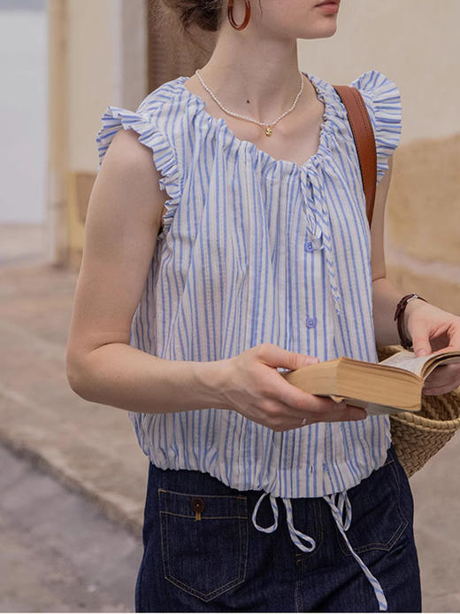 木耳边蓝色条纹上衣小衫夏季抽绳系带纯棉法式提花衬衫女 商品图1