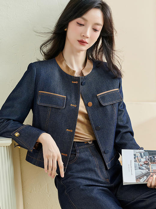 剩S/M/XL 米思阳2026春季新款经典时尚复古牛仔上衣拼接纽扣长袖短外套2611 商品图1