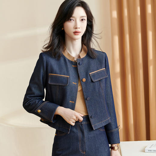剩S/M/XL 米思阳2026春季新款经典时尚复古牛仔上衣拼接纽扣长袖短外套2611 商品图0