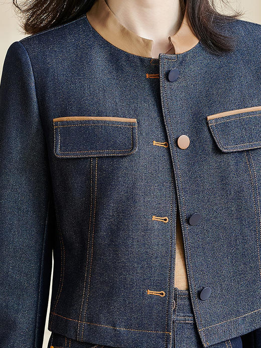 剩S/M/XL 米思阳2026春季新款经典时尚复古牛仔上衣拼接纽扣长袖短外套2611 商品图4