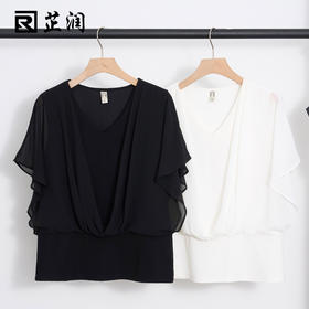 ZR-18536夏季新款大码女装胖mm洋气v领遮肚子收腰显瘦雪纺衬衫