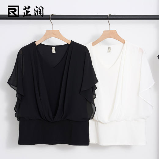 ZR-18536夏季新款大码女装胖mm洋气v领遮肚子收腰显瘦雪纺衬衫 商品图0