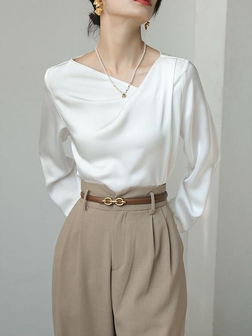 法式白色缎面优雅感不规则百搭衬衫女装春秋新款简约上衣 商品图1