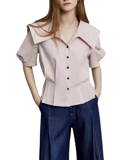 法式翻领收腰纯棉衬衫女2023夏季新款通勤简约小众上衣 商品图4