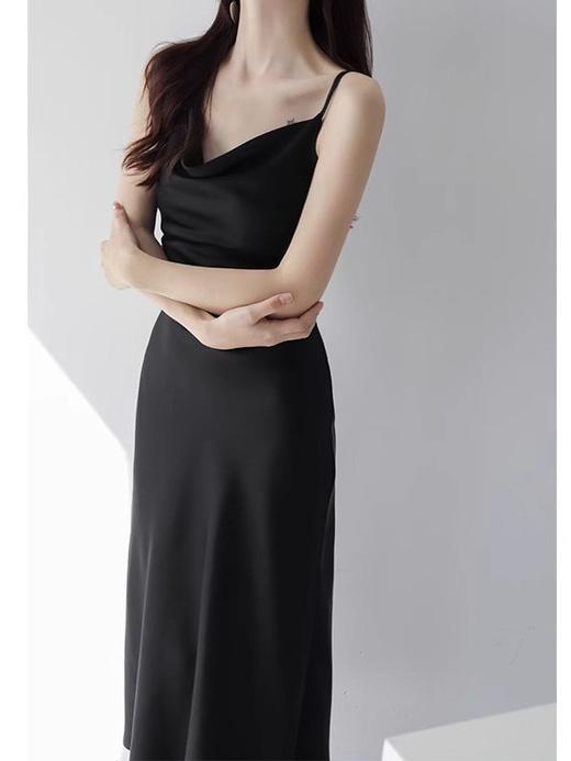 醋酸质感缎面荡领吊带连衣裙女感夏季气质显瘦收腰长裙 商品图4