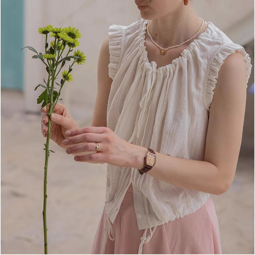 木耳边蓝色条纹上衣小衫夏季抽绳系带纯棉法式提花衬衫女 商品图6