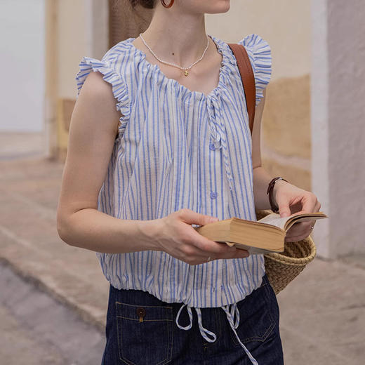 木耳边蓝色条纹上衣小衫夏季抽绳系带纯棉法式提花衬衫女 商品图5