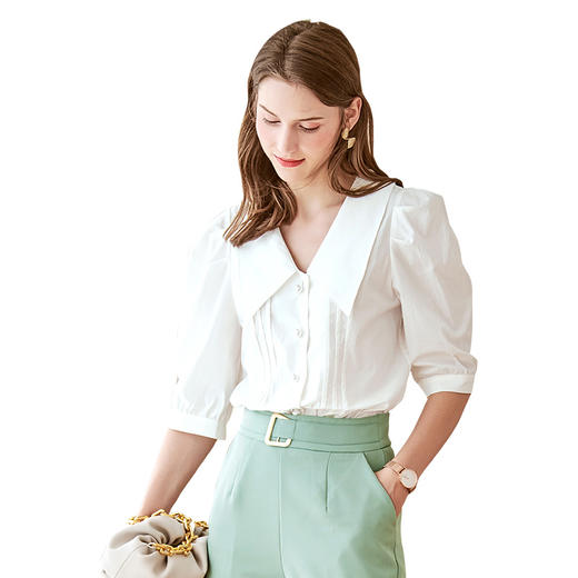 欧芮儿宽松白色衬衫女2022新款春装五分泡泡袖衬衣设计感小众上衣 商品图3