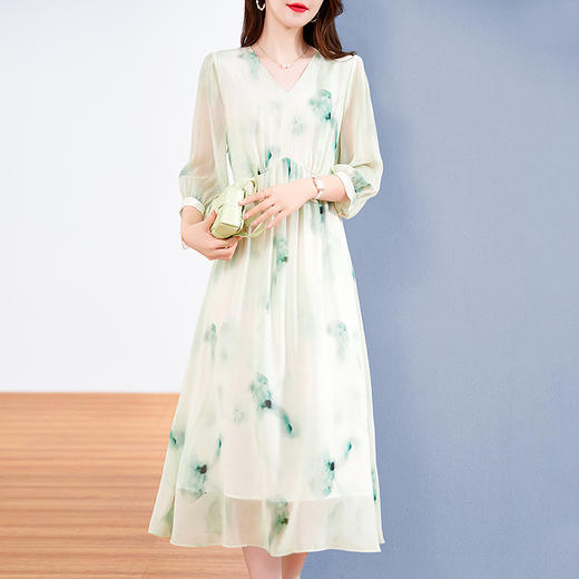 宽松法式仙女薄款，桑蚕丝水墨印花中长裙SM-82395162 商品图2