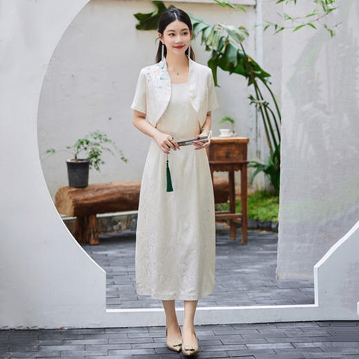 国风小香风，显瘦提花新中式坎肩小外套无袖连衣裙两件套VFN2392 商品图0