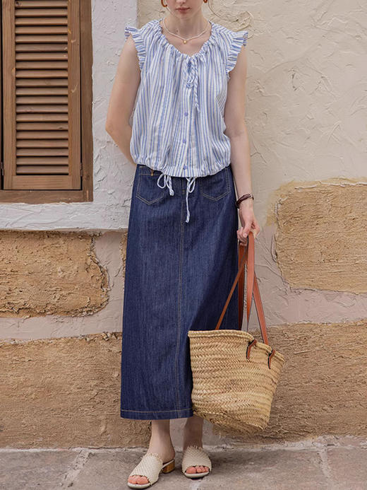 木耳边蓝色条纹上衣小衫夏季抽绳系带纯棉法式提花衬衫女 商品图0