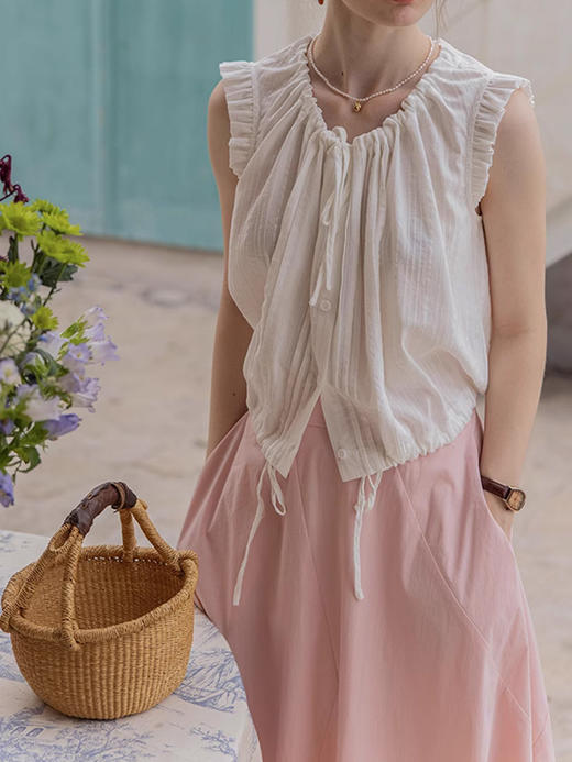 木耳边蓝色条纹上衣小衫夏季抽绳系带纯棉法式提花衬衫女 商品图3