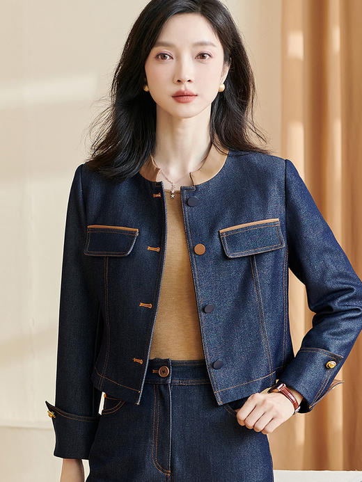 剩S/M/XL 米思阳2026春季新款经典时尚复古牛仔上衣拼接纽扣长袖短外套2611 商品图2