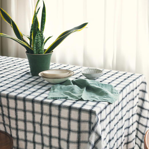伽罗生活黑白格纹色织亚麻桌布进口雨露麻餐桌圆桌茶几高级感布艺 商品图1