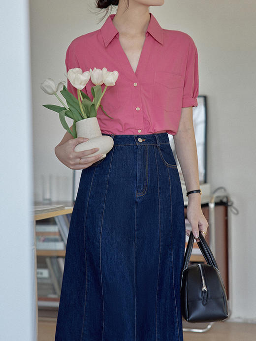 ~天丝棉双口袋衬衫女夏2023新款法式复古v领短袖上衣 商品图0