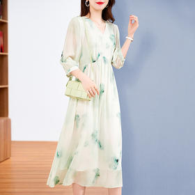 宽松法式仙女薄款，桑蚕丝水墨印花中长裙SM-82395162