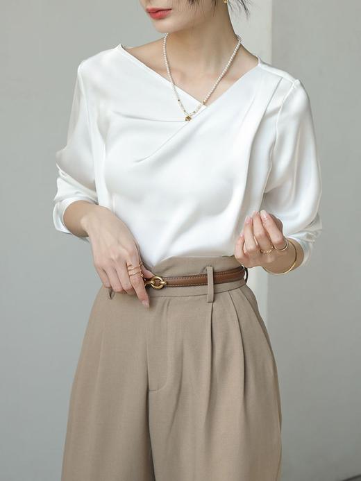 法式白色缎面优雅感不规则百搭衬衫女装春秋新款简约上衣 商品图3