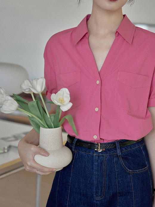 ~天丝棉双口袋衬衫女夏2023新款法式复古v领短袖上衣 商品图3