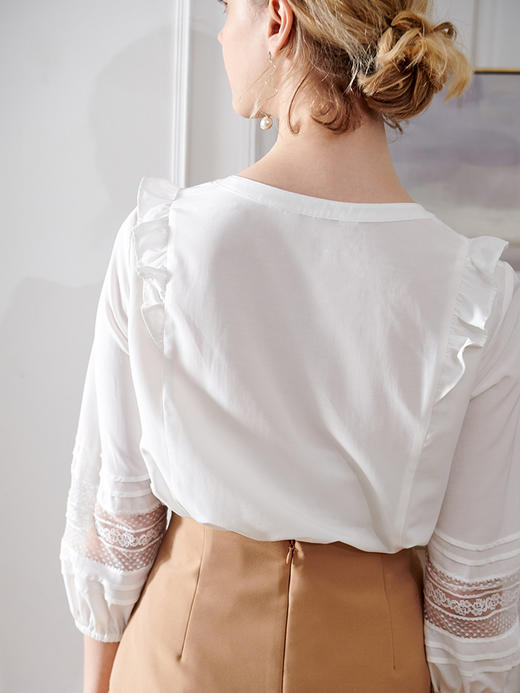 欧芮儿2020夏装新款七分袖白色衬衫女荷叶边衬衣百搭绣花透视上衣 商品图1