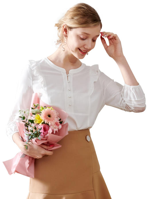 欧芮儿2020夏装新款七分袖白色衬衫女荷叶边衬衣百搭绣花透视上衣 商品图3