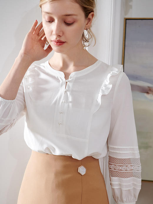 欧芮儿2020夏装新款七分袖白色衬衫女荷叶边衬衣百搭绣花透视上衣 商品图2