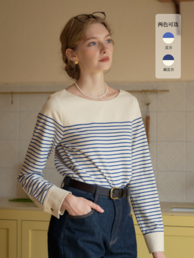 SimpleRetro秋日私语 法式条纹针织衫女秋新款宽松圆领上衣慵懒风
