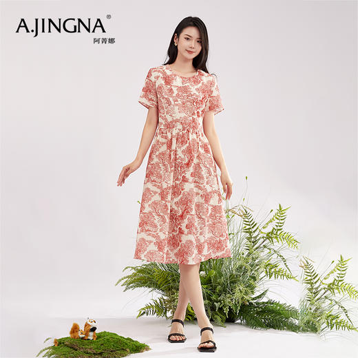 【商场同款】阿菁娜气质收腰圆领印花连衣裙A30X112087 商品图0