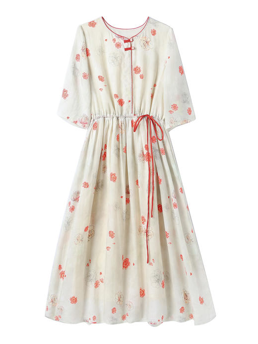 夏季文艺苎麻印花连衣裙，圆领系带中国风花朵盘扣中袖大摆长裙YM-S407 商品图4