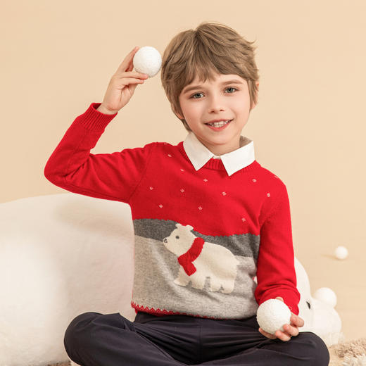 mettekids儿童羊绒衫2023秋季新款男童红色毛衣女童卡通针织衫 商品图1